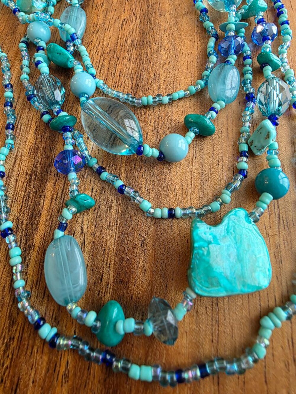 Boho Multi-Strand Blue Beaded Statement Necklace – Teal & Turquoise Layered - Picture 7 of 8